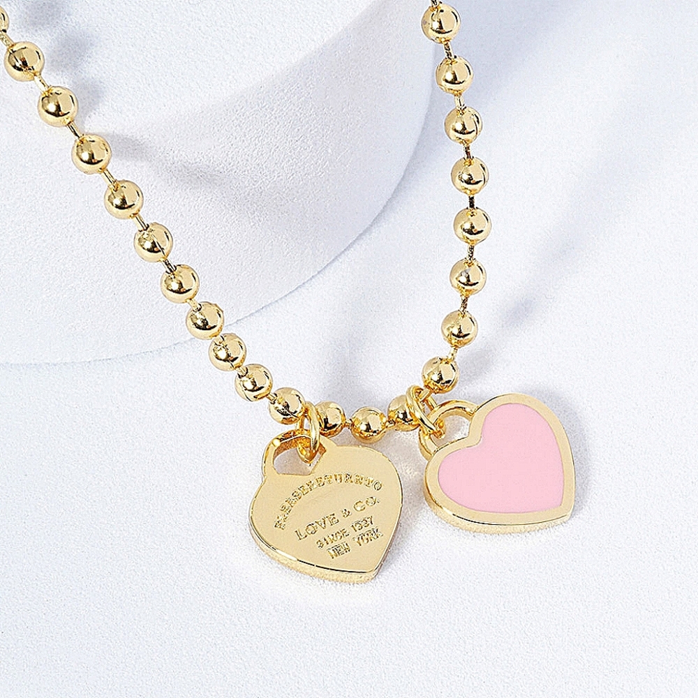 Pink Double Heart Pendant Charm Necklace Dipped Metal Chain Link Bubble Gold
